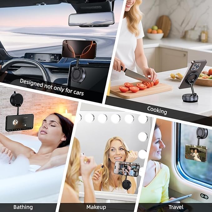 2026 Upgraded 360° N55 Vacuum Magnetic Car Phone Holder Suction Magna Ring Foldable Cell Holder for Car/Gym/Mirror/Smooth Surface Compatible with All Mobile Smartphone