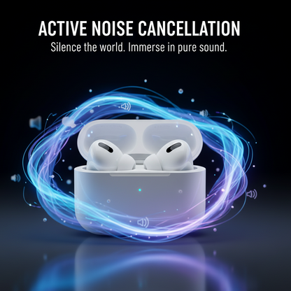 White wireless earbuds in a charging case with blue energy effect on a dark background, featuring text about active noise cancellation.